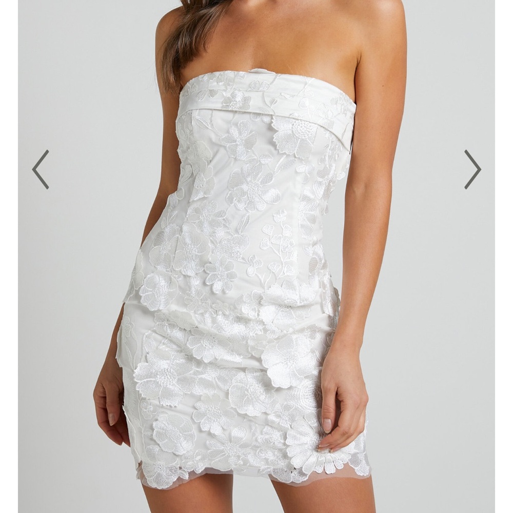 SHOWPO WREN MINI DRESS - STRAPLESS BODYCON GARDEN FLOWERS DRESS IN WHITE